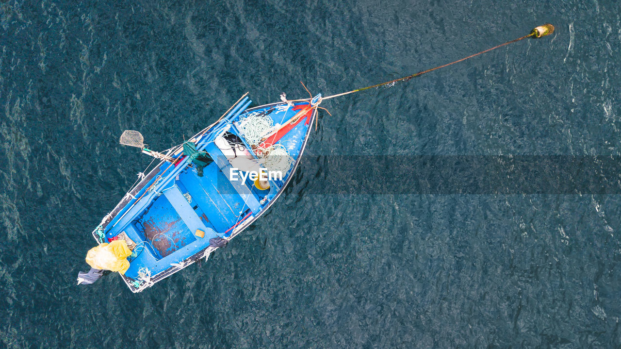 A top view of a fishing boat. aerial shot