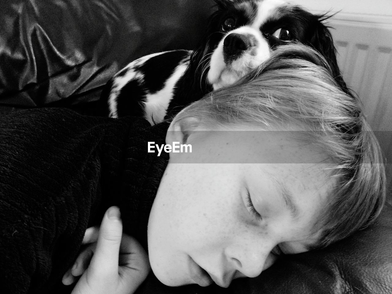 Close-up of sleeping boy and a dog