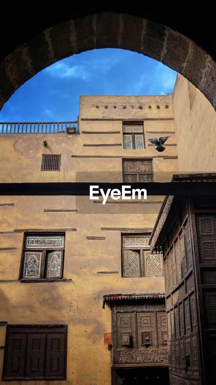 A bird flying in historical place with beautiful architecture 