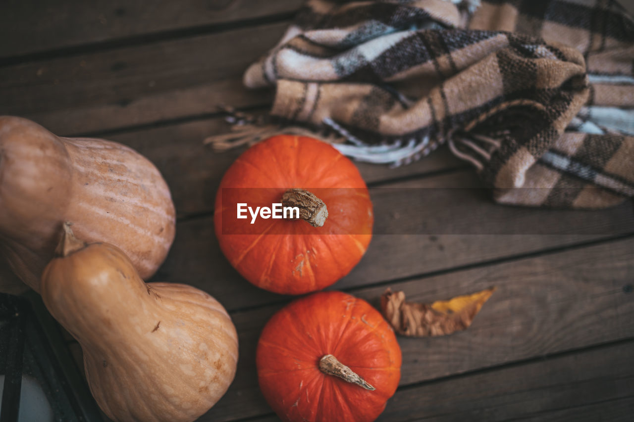 High angle view of pumpkins on table