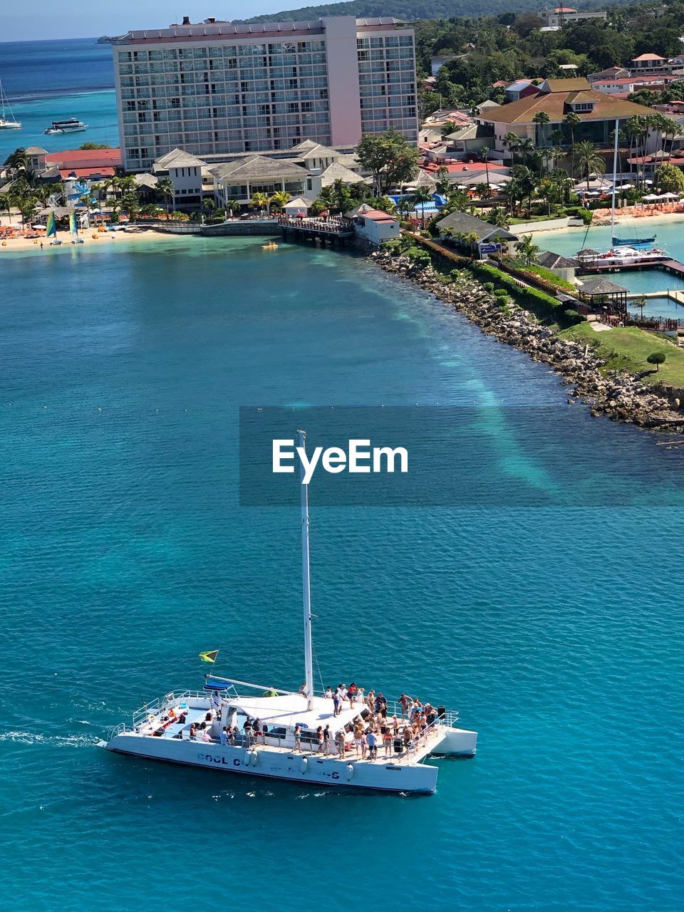 High angle view of people on yacht in sea