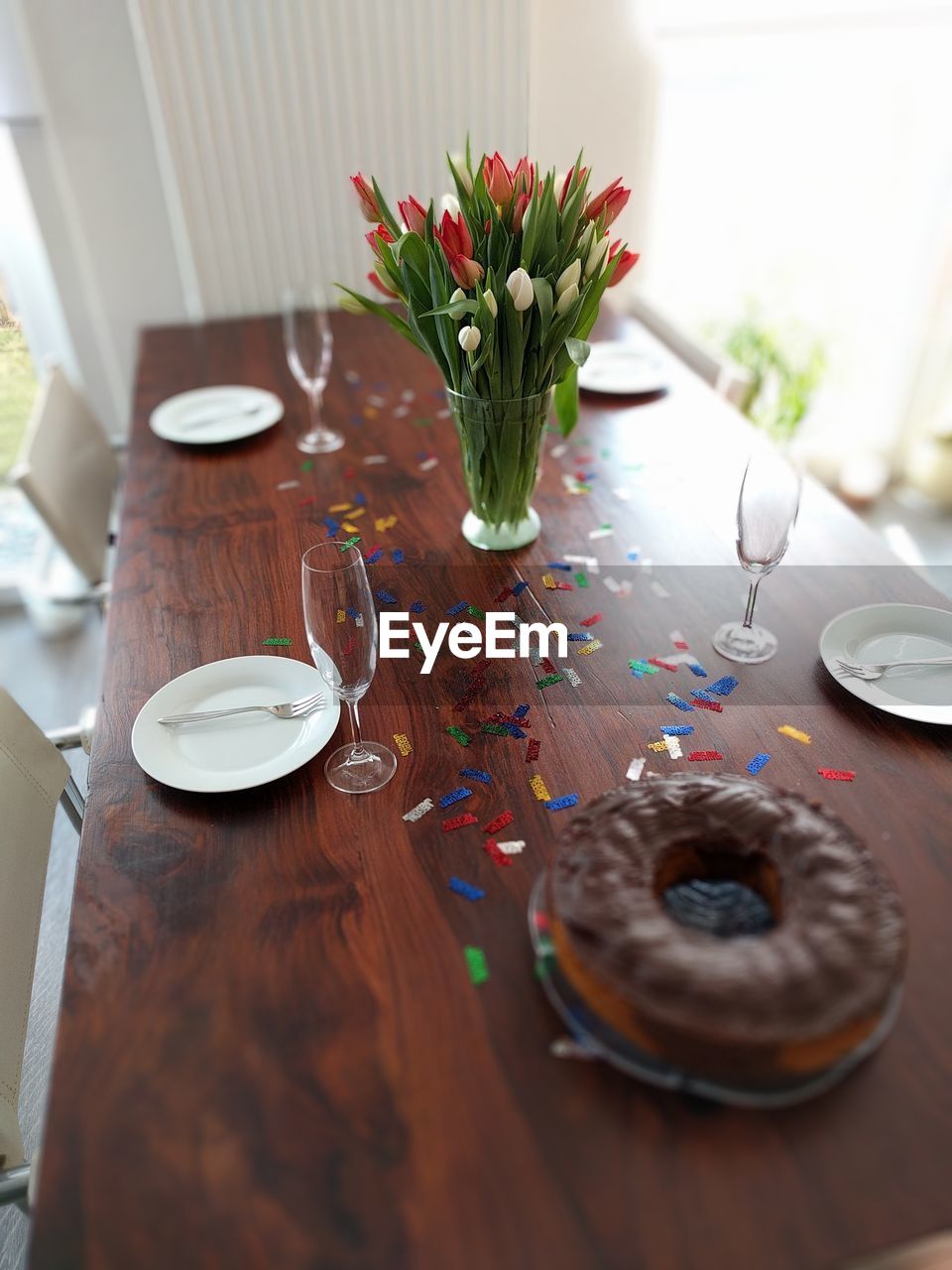 High angle view of donuts on table