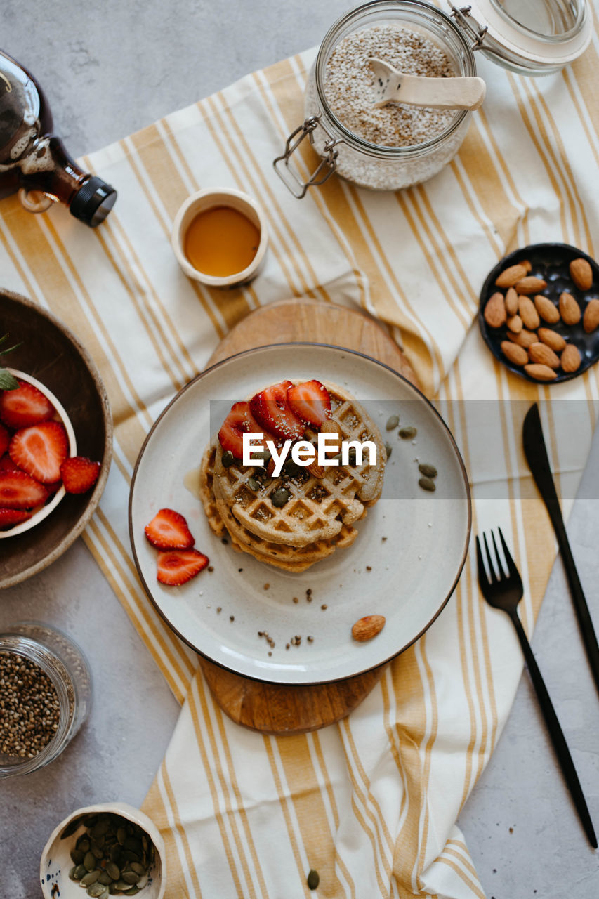 High angle view of breakfast on table