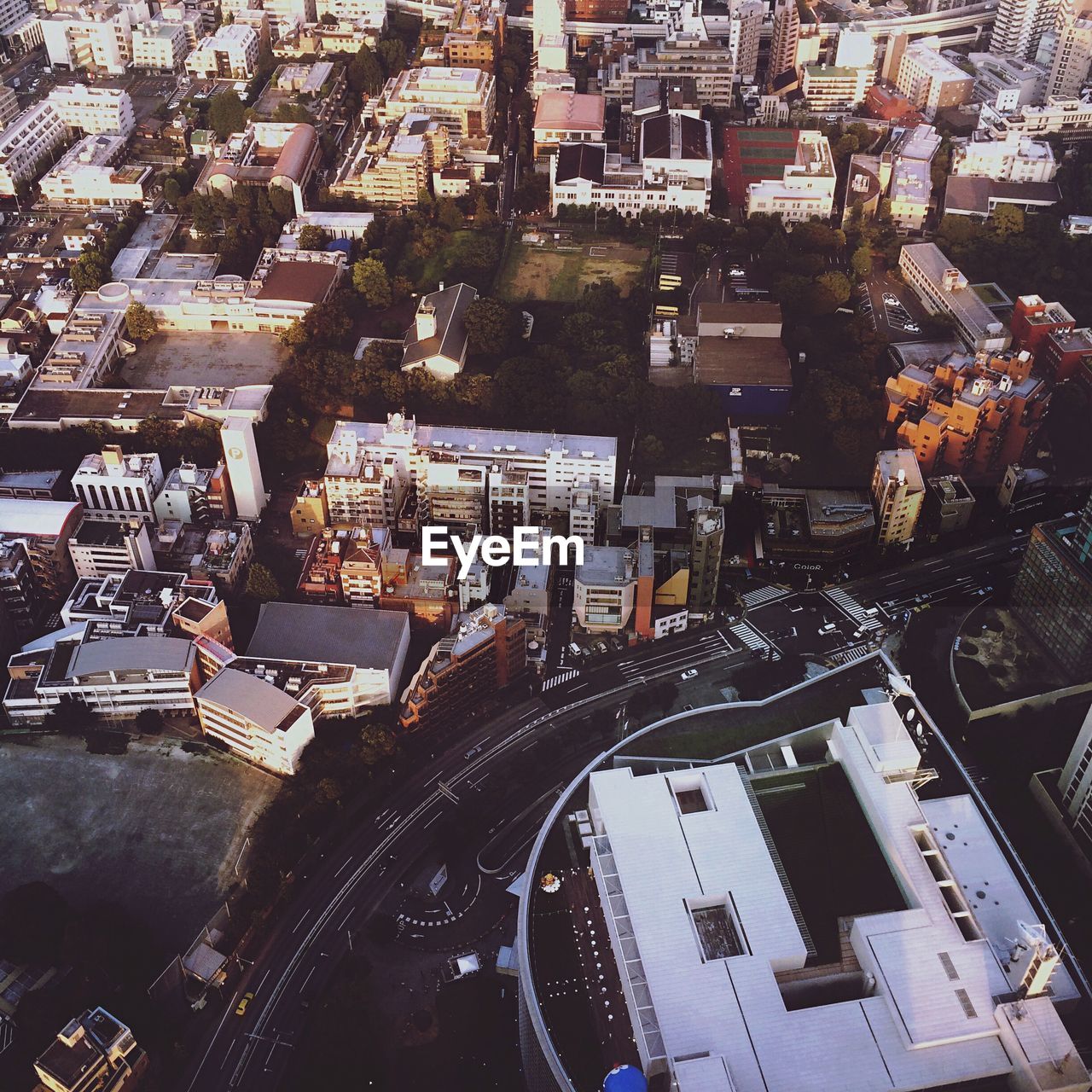 High angle view of residential district and street