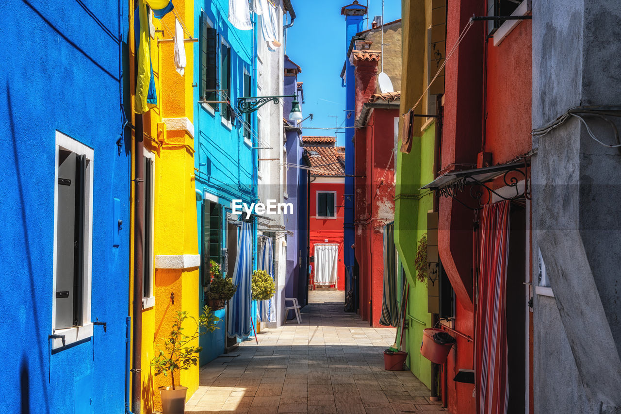 Brightly multi coloured houses in burano, italy. famous island nearby venice, italy