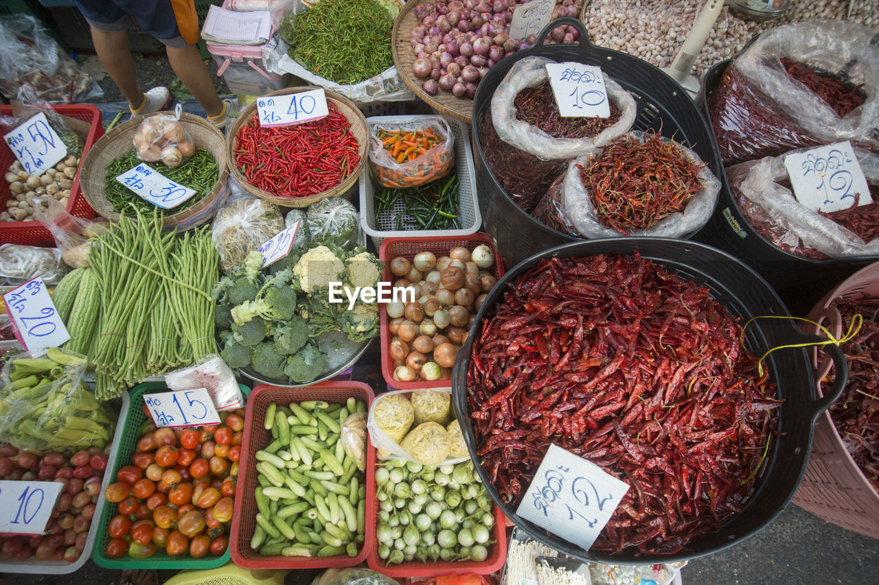 High angle view of vegetables and spices for sale at market stall