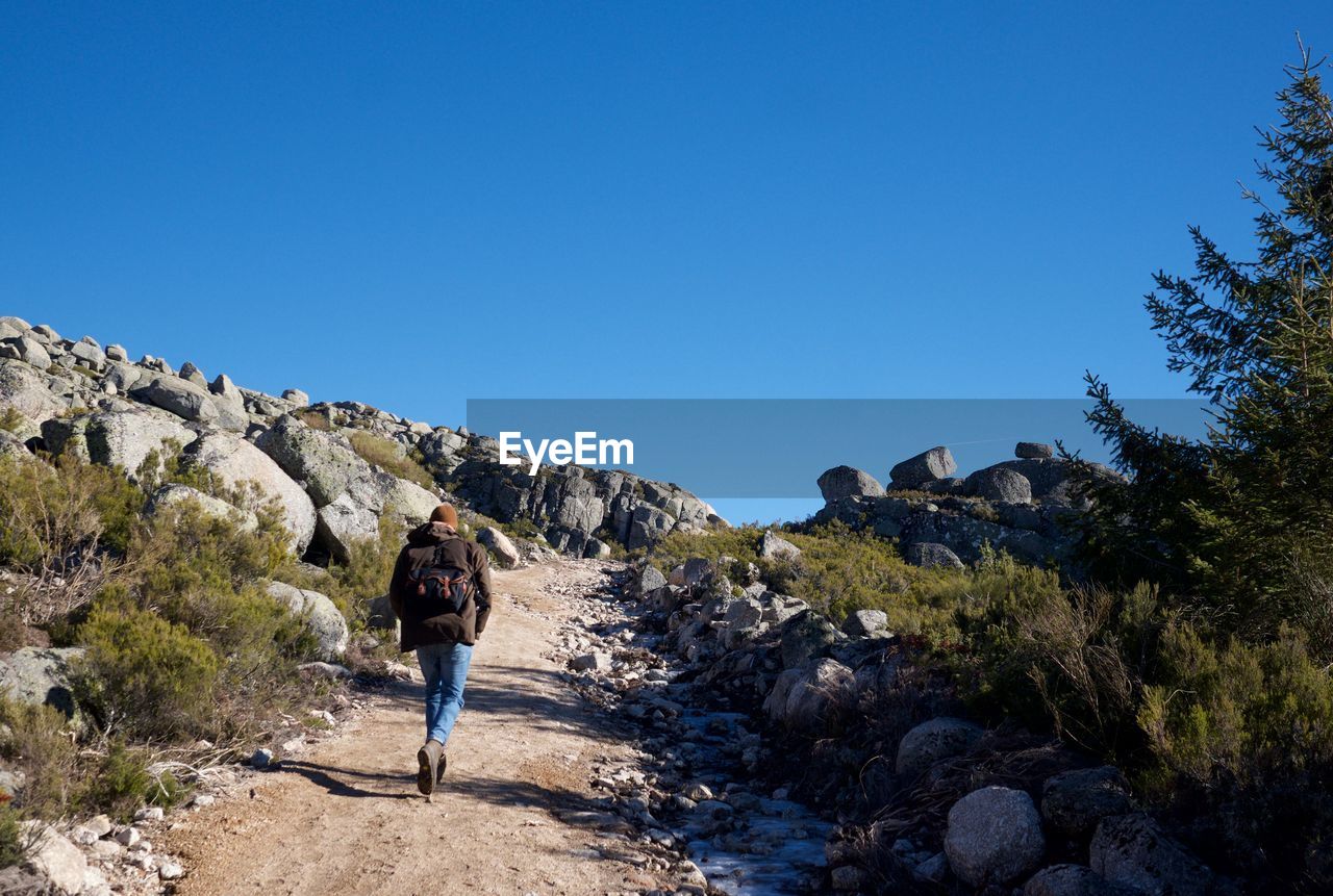 Rear view of hiker walking on mountain against clear sky