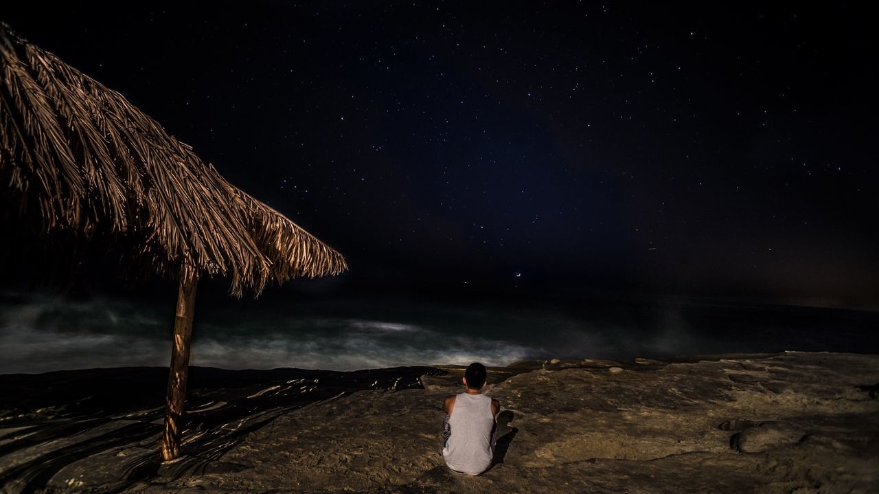 Rear view of man sitting on beach