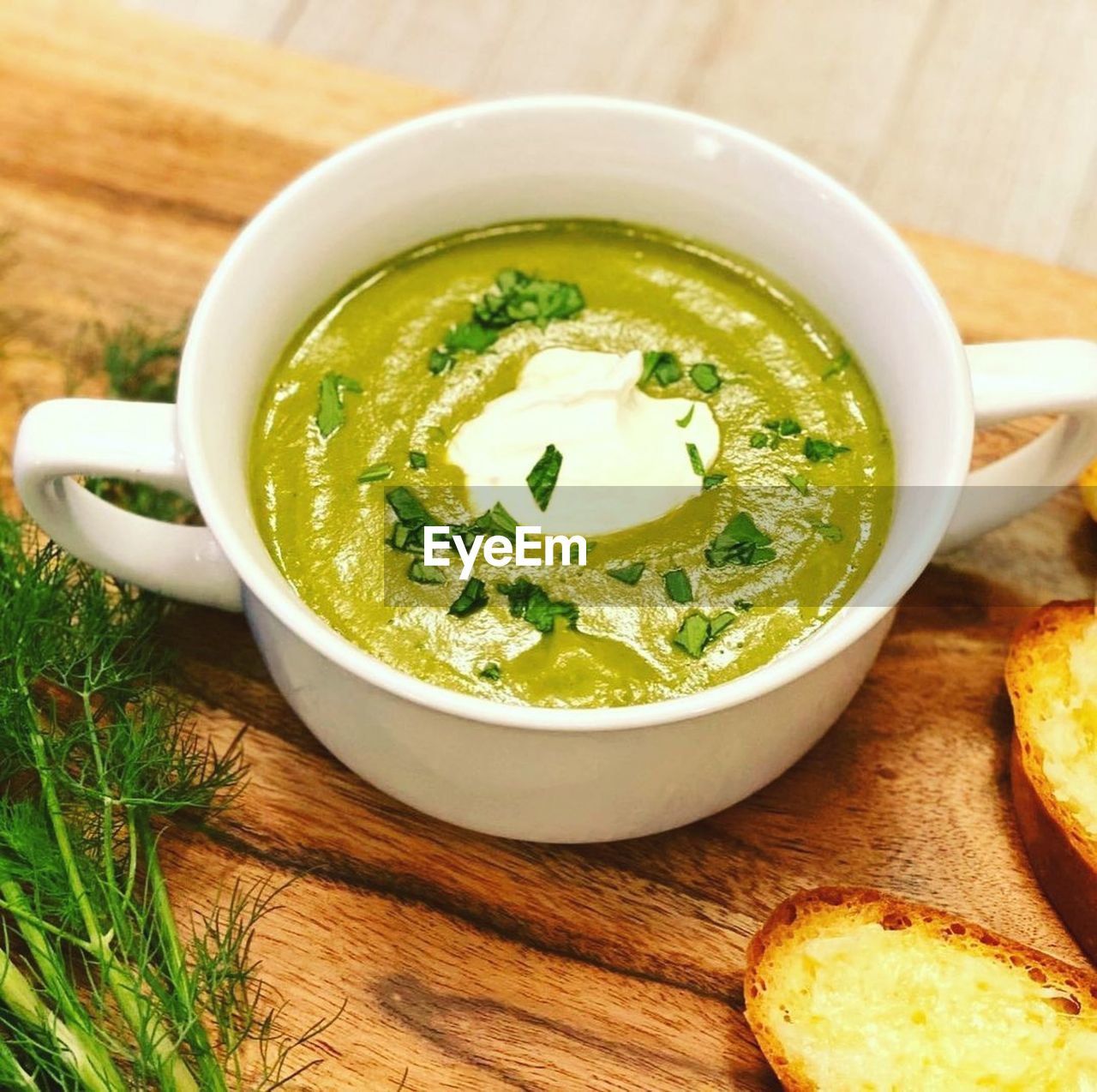 High angle view of soup in bowl on table