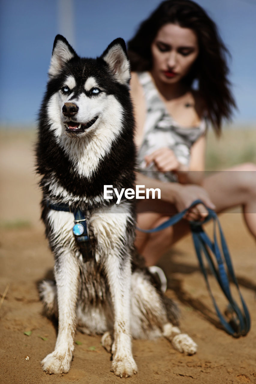 Young woman with dog sitting on field against sky