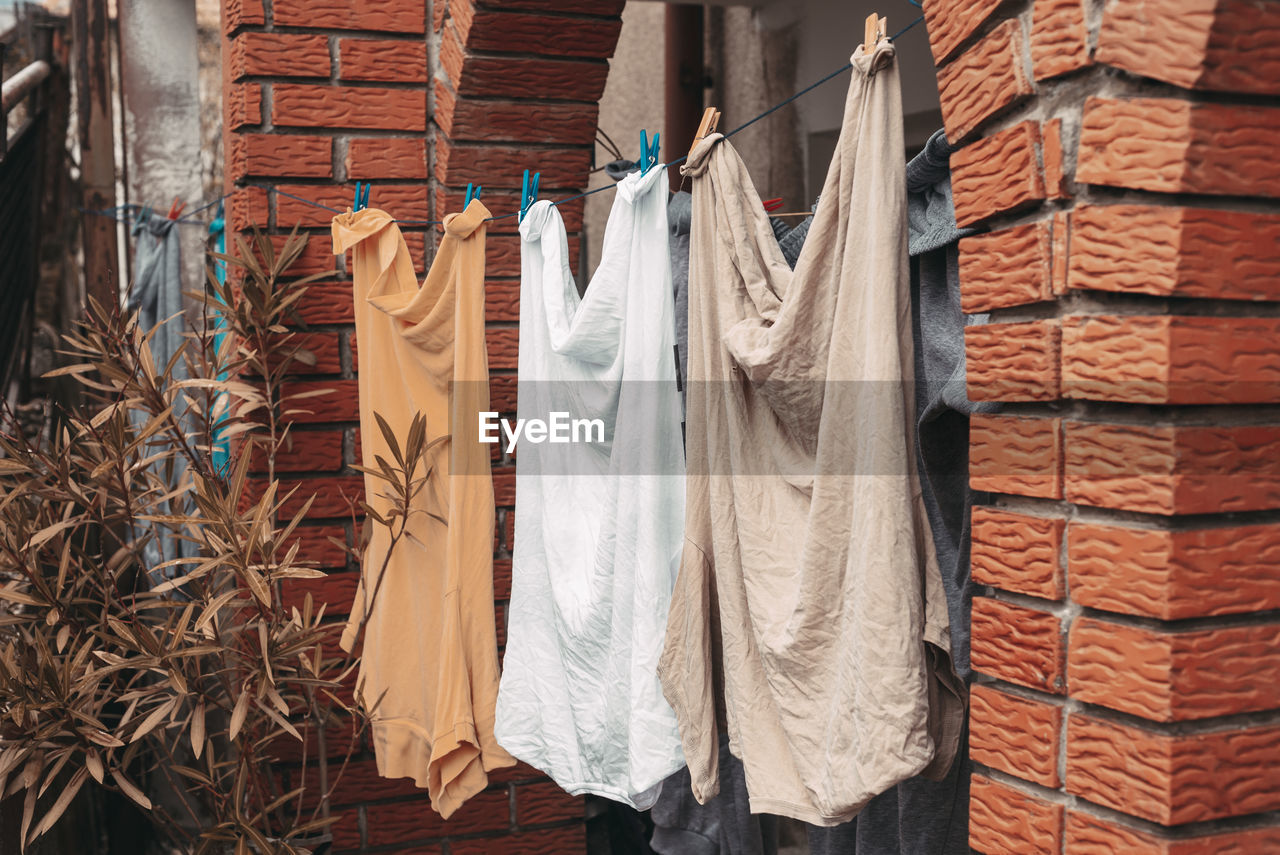 Washed laundry drying on wires