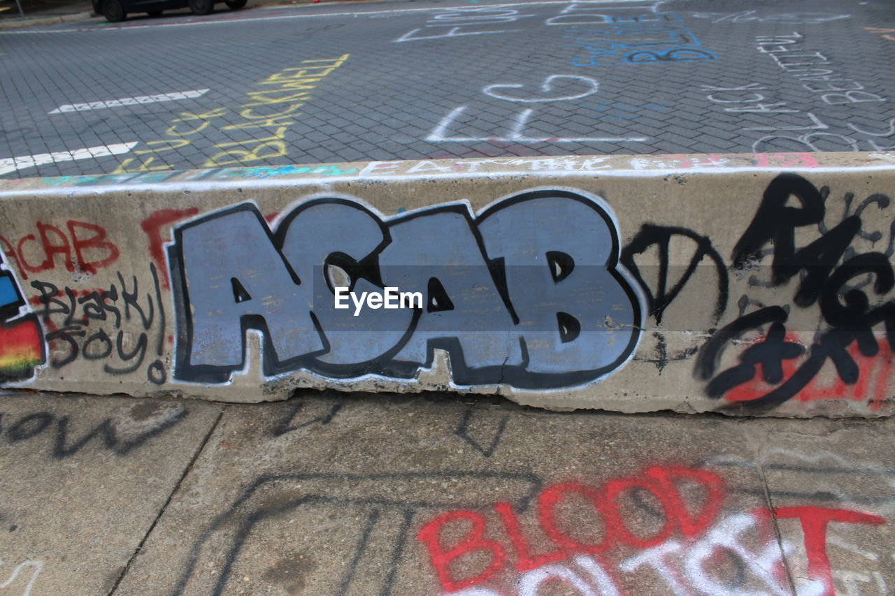 HIGH ANGLE VIEW OF TEXT ON GRAFFITI WALL