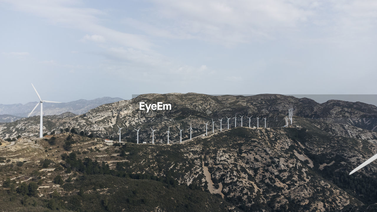 Aerial view of a wind farm. wind turbine windmills. green and sustainable energy