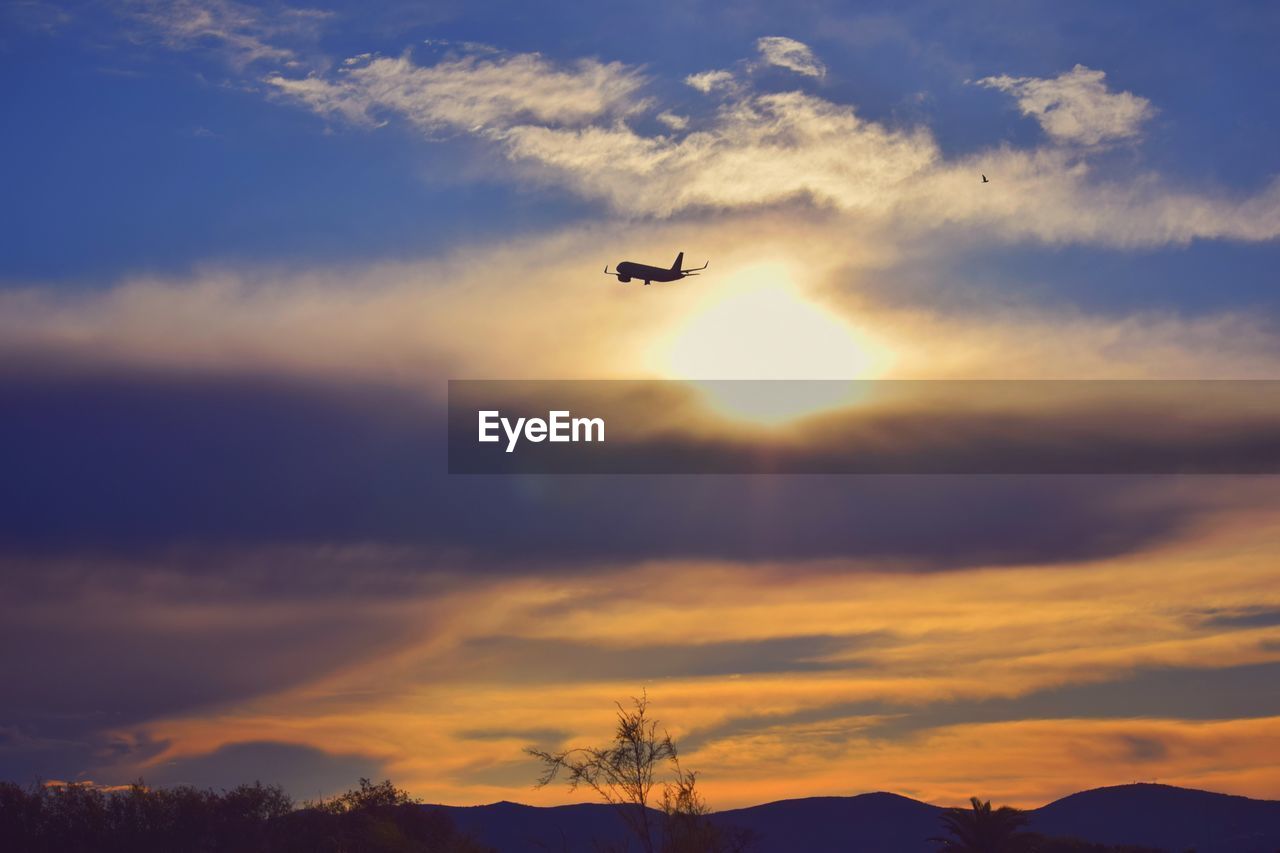 LOW ANGLE VIEW OF SILHOUETTE AIRPLANE AGAINST ORANGE SKY