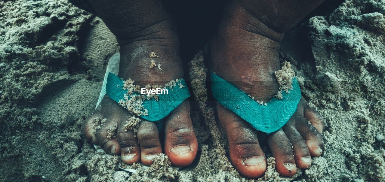 Low section of man wearing flip-flop on sand