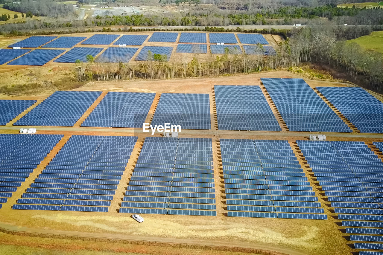 high angle view of solar panels on field