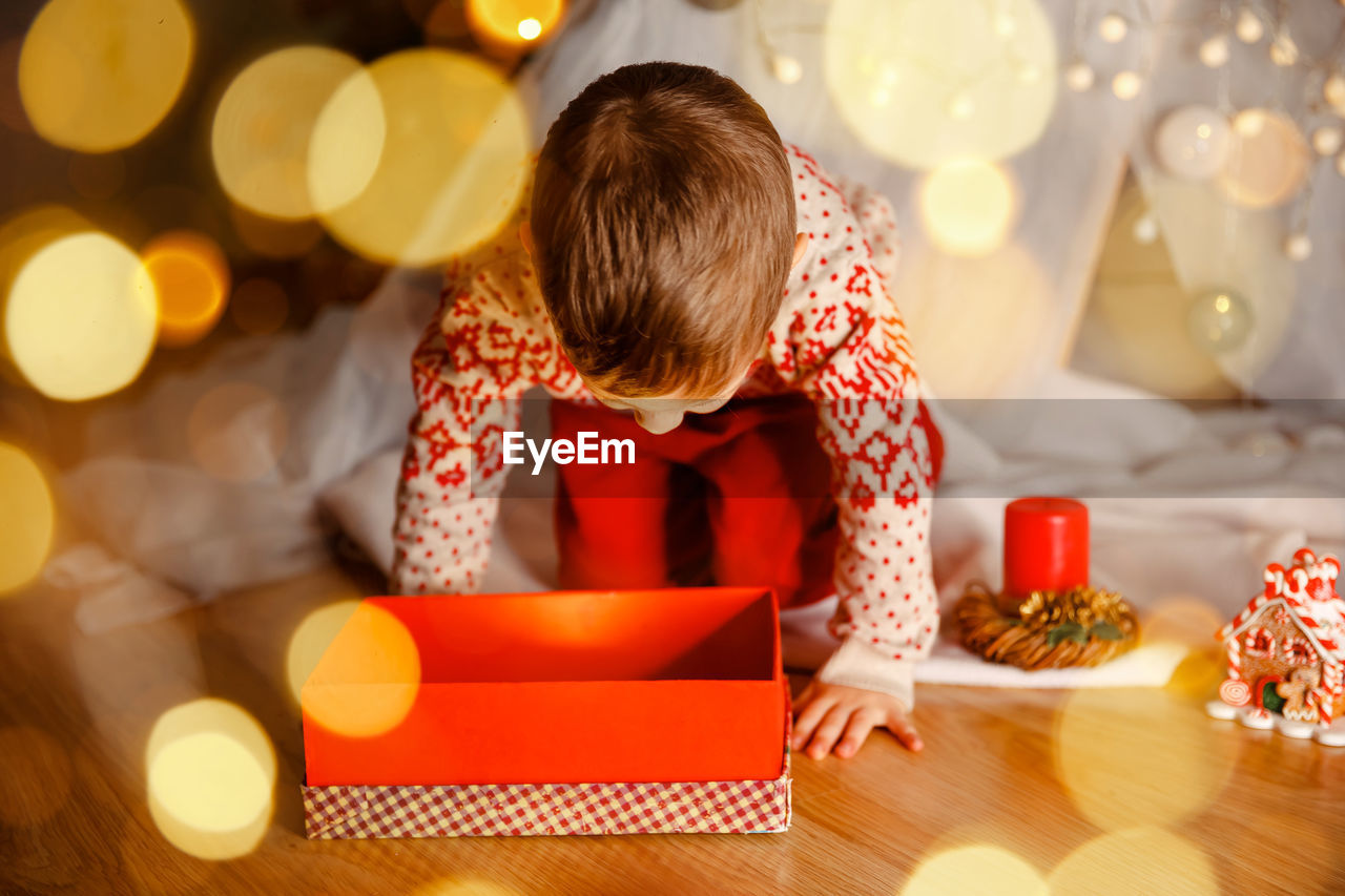 Rear view of man sitting in illuminated christmas tree