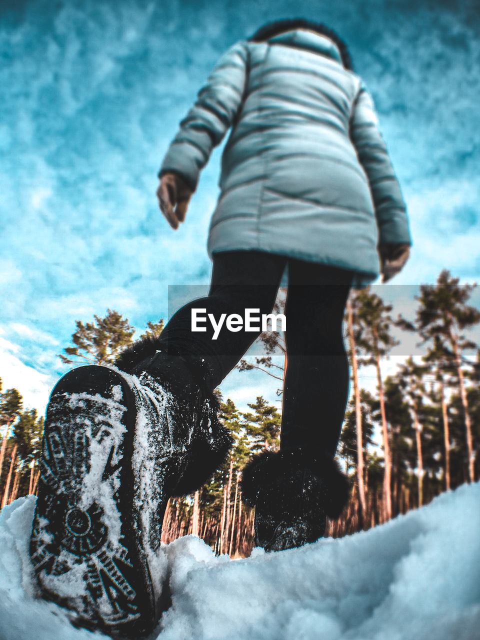 Rear view of woman on snow covered field