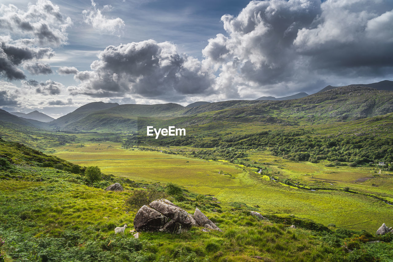 Beautiful molls gap with owenreagh river valley mountains, ring of kerry, ireland