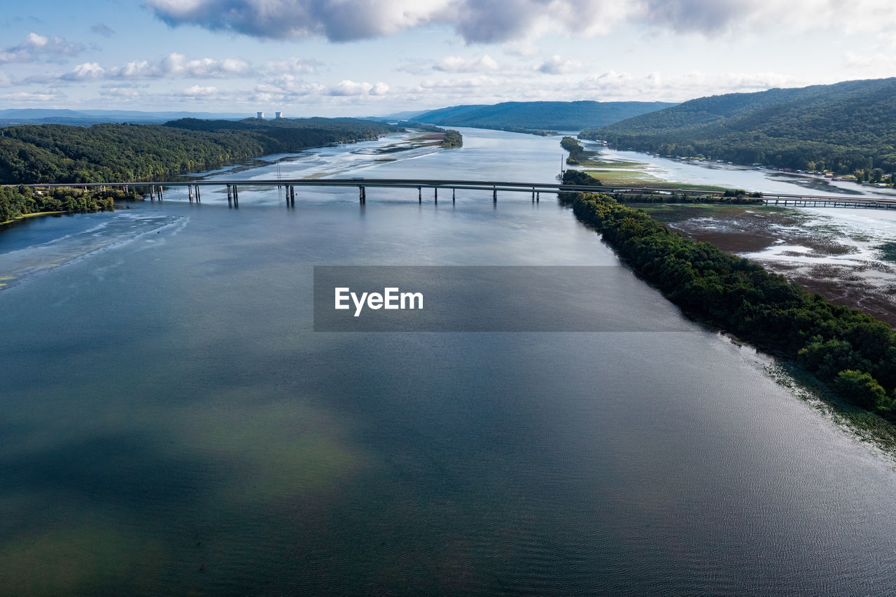 Ariel view of a bridge crossing the tennessee river in scottsboro alabama.