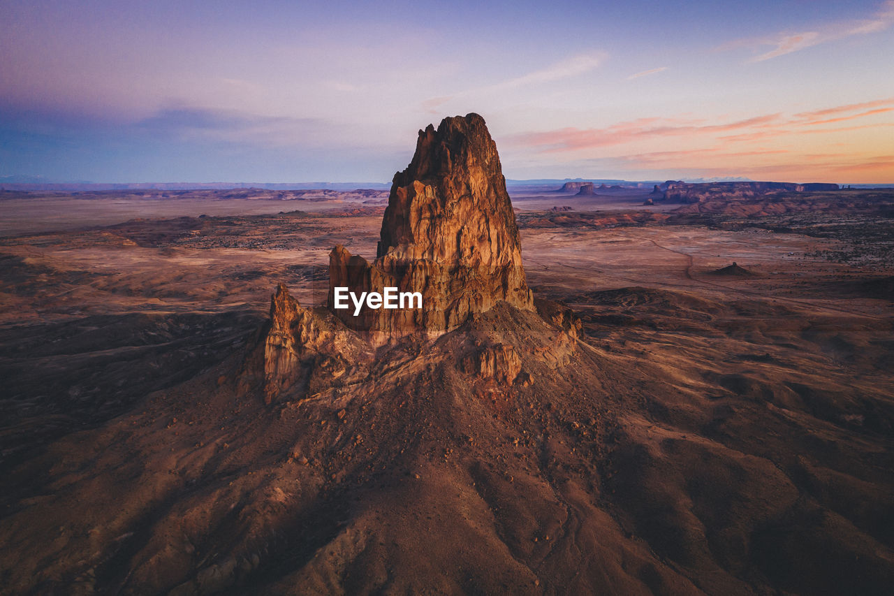 Aerial view of agathla peak in the morning from above, arizona