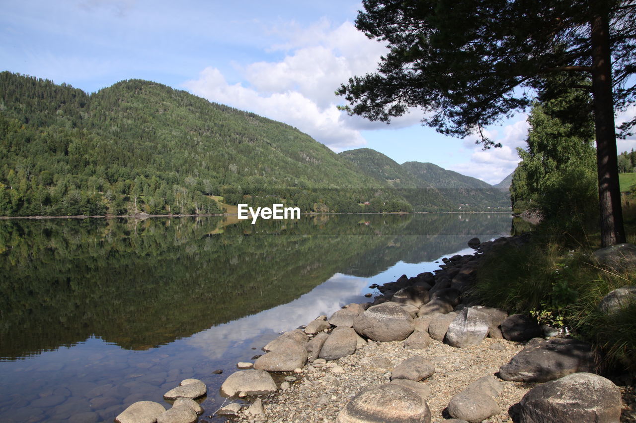 Scenic view of lake and mountains against sky