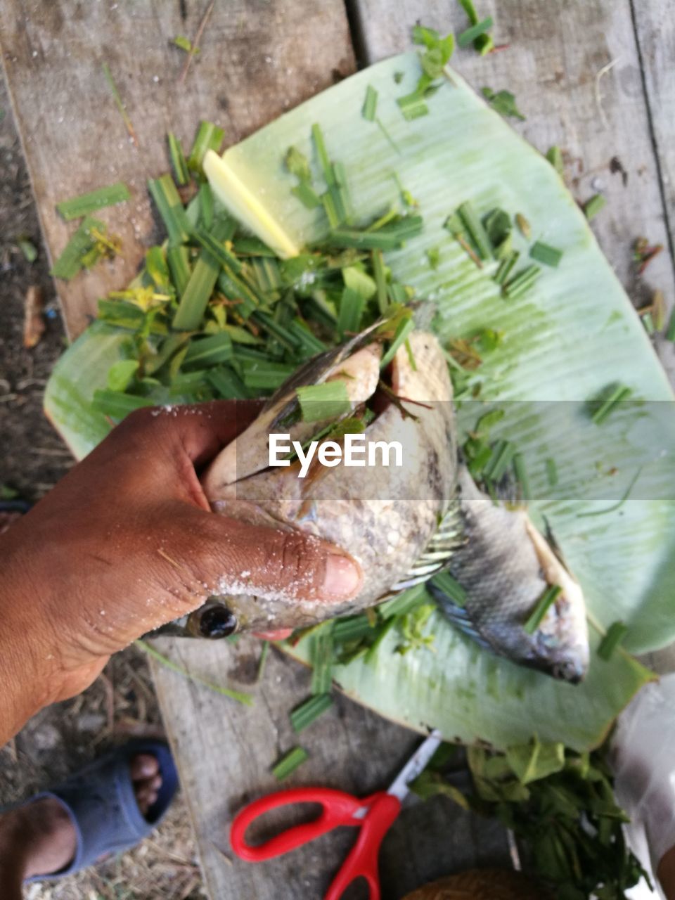 Low section of man preparing fish