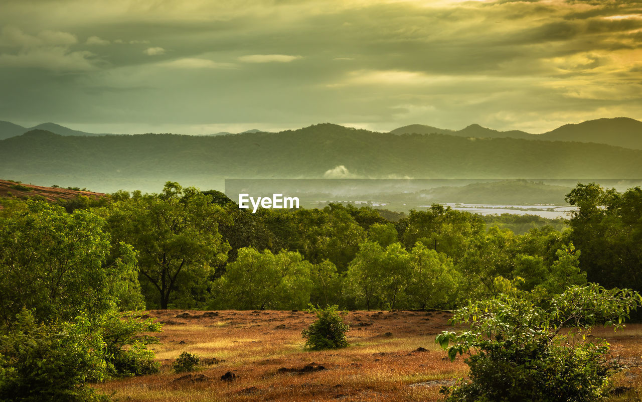 Sunrise view of mountain terrain from flat angel