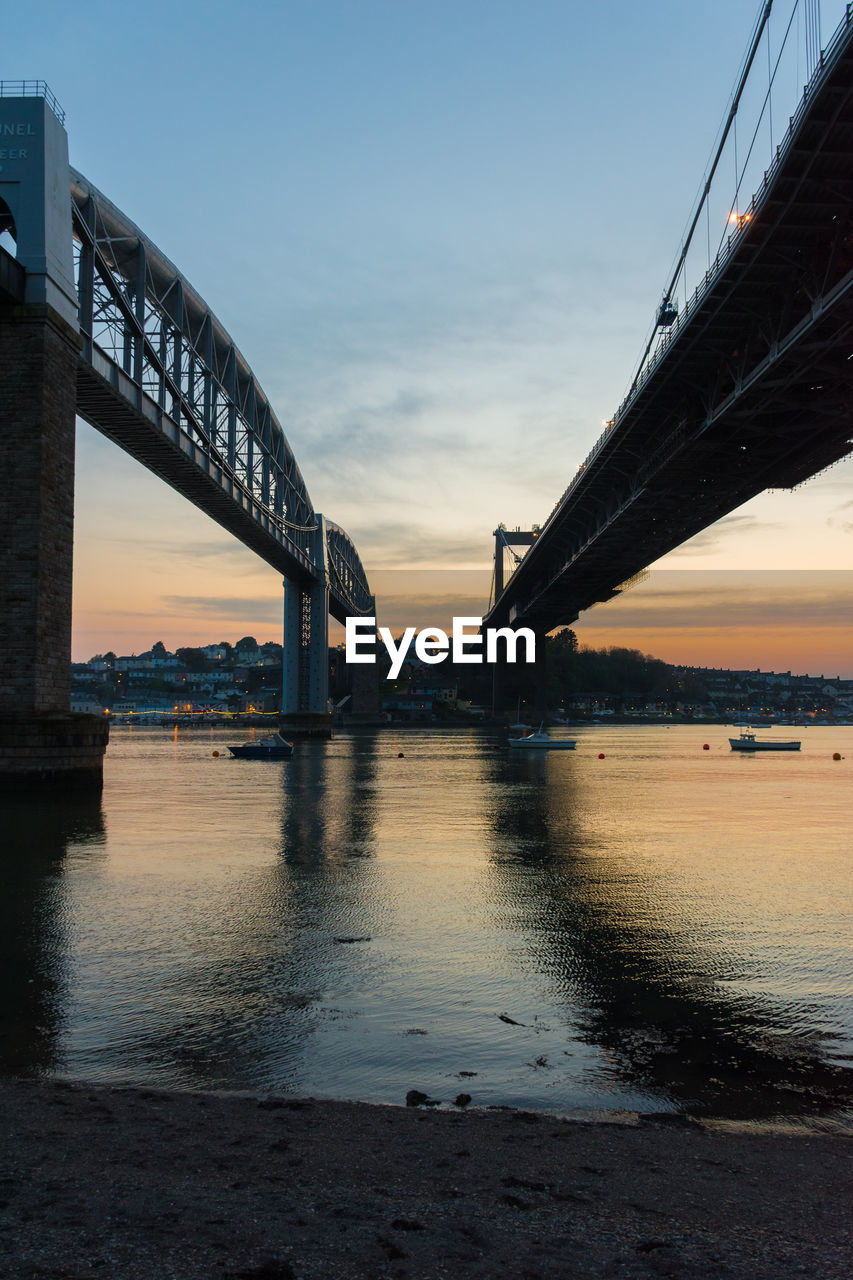 Bridge over river at sunset