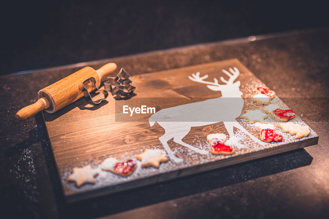 High angle view of christmas decoration on table