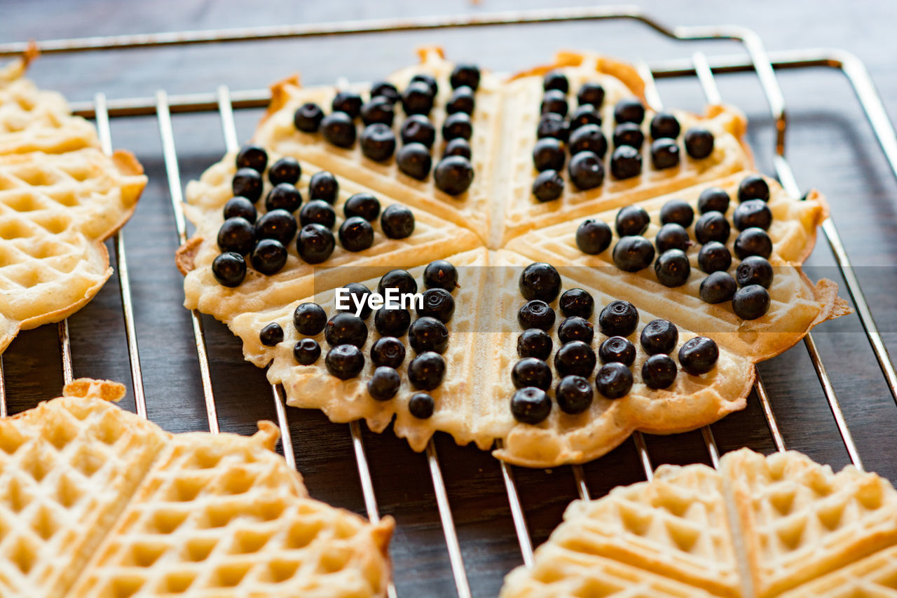 High angle view of waffle on cooling rack