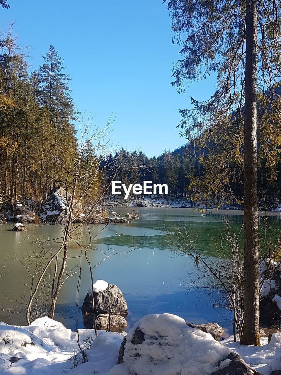 SCENIC VIEW OF LAKE AGAINST CLEAR BLUE SKY