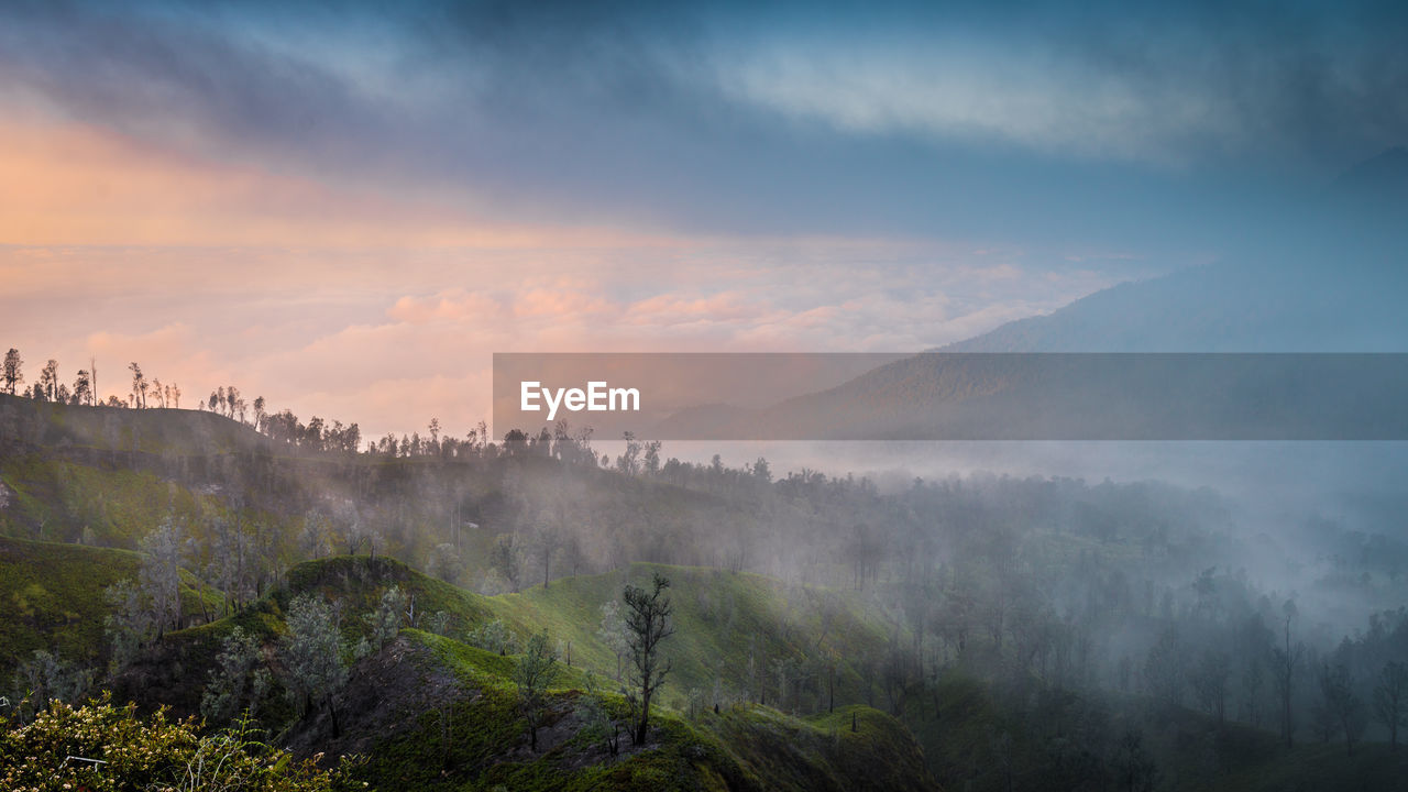 View of kawah ijen mountain and lake in indonesia