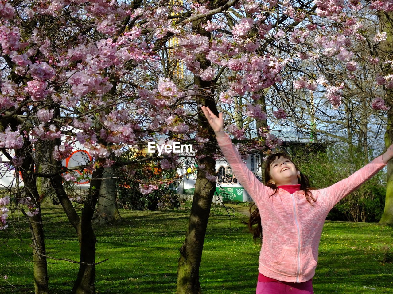 Girl with arms raised standing against cherry blossoms at park