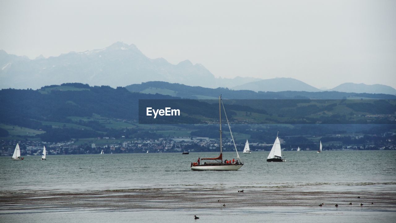 Sailboats in sea against sky