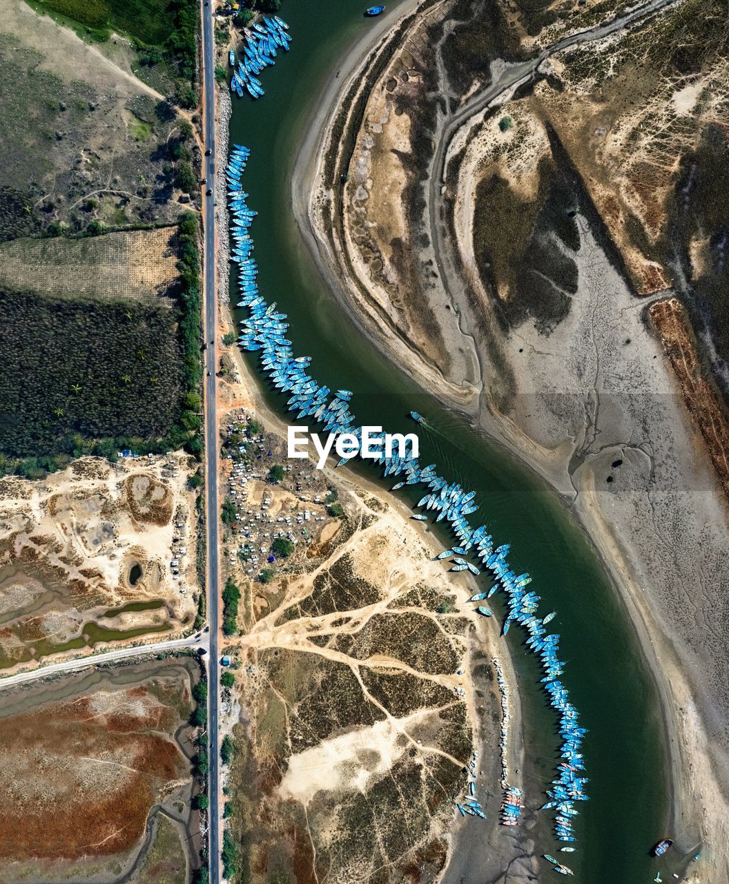 High angle view of river passing through land