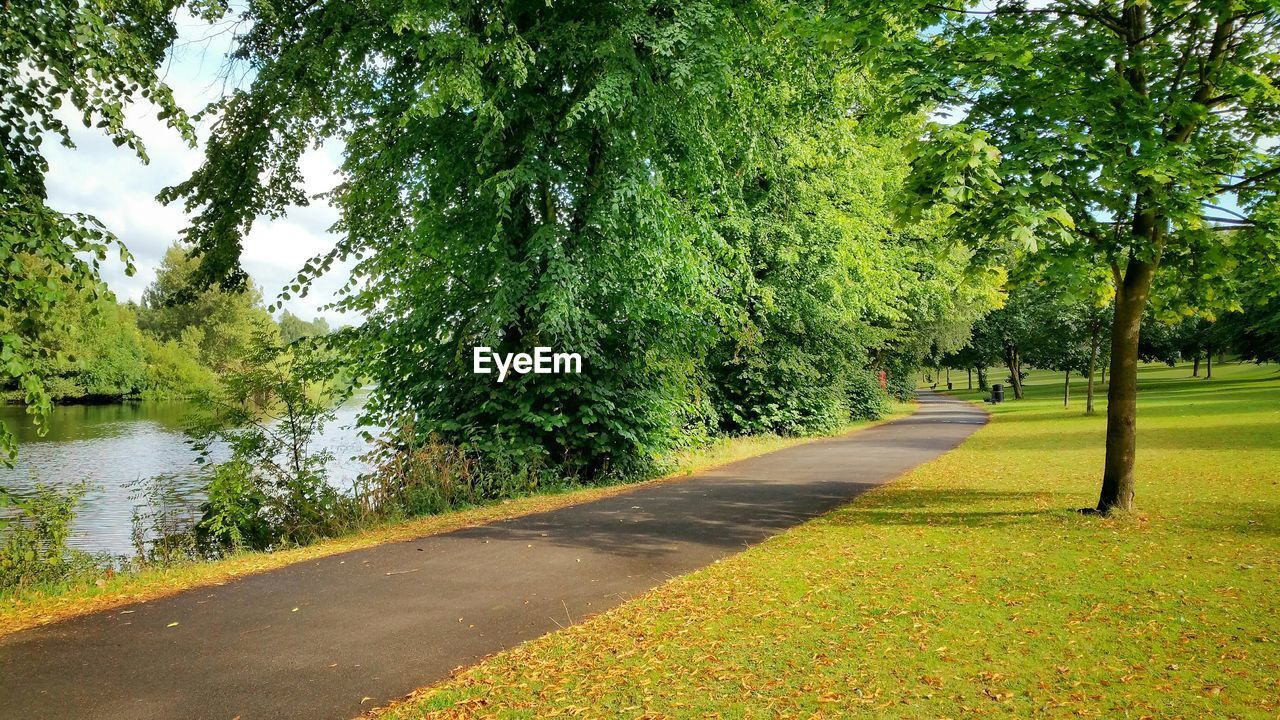 Pathway amidst lake and grassy field at park