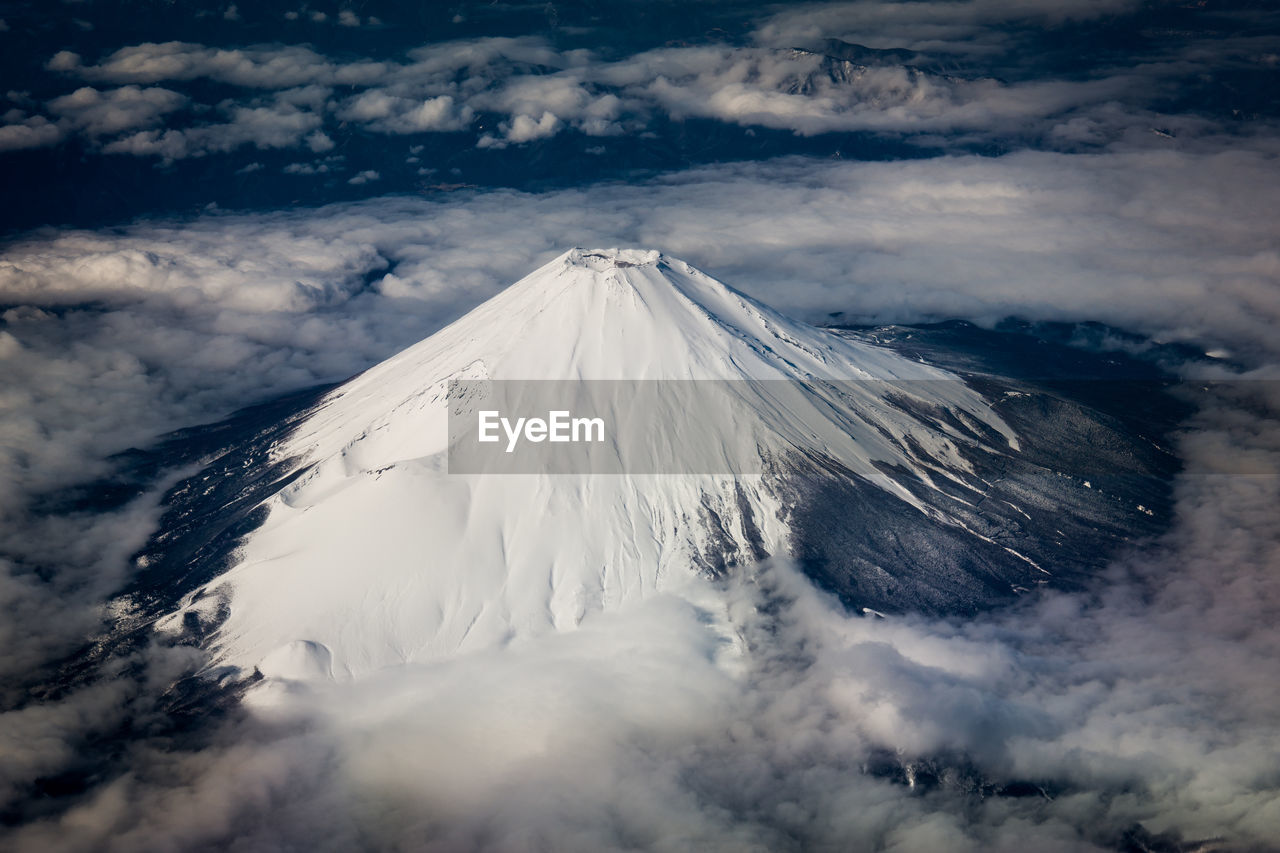 Panoramic view of snowcapped volcano mountains against sky