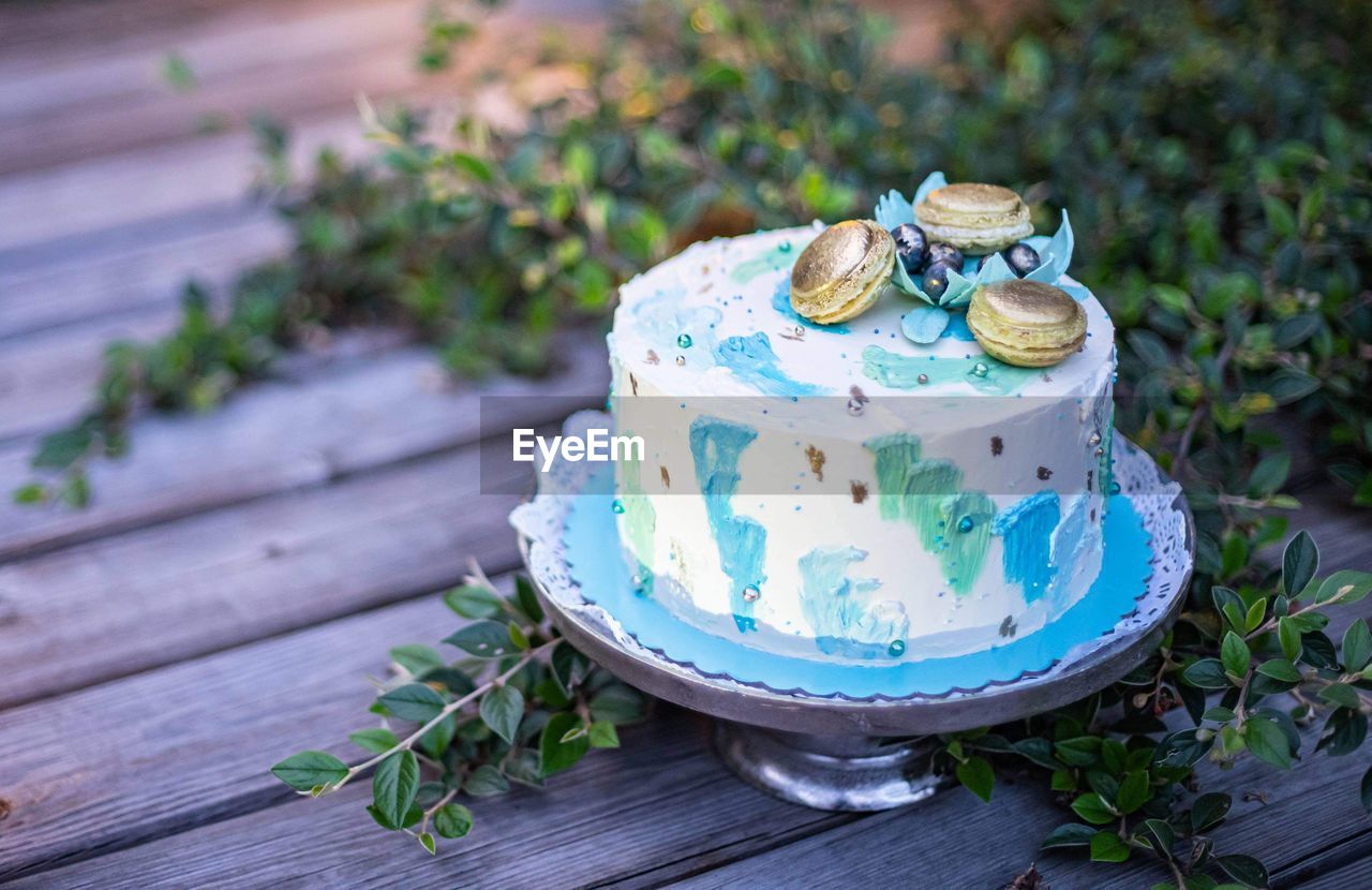 Delicious round homemade lavande cake vegan bakery selective focus macaroons blue pastel tasty food