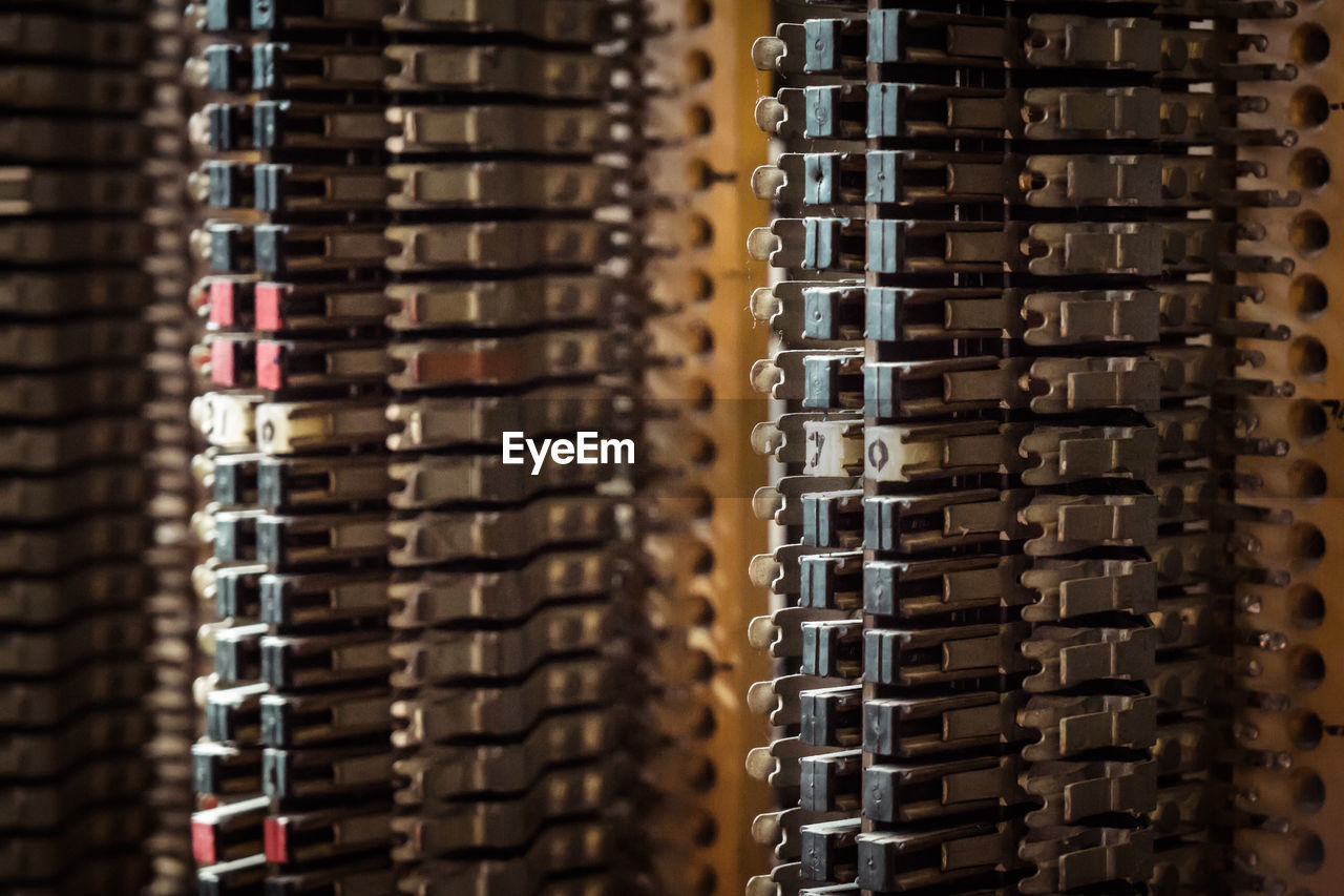 Close-up of switchgear in factory