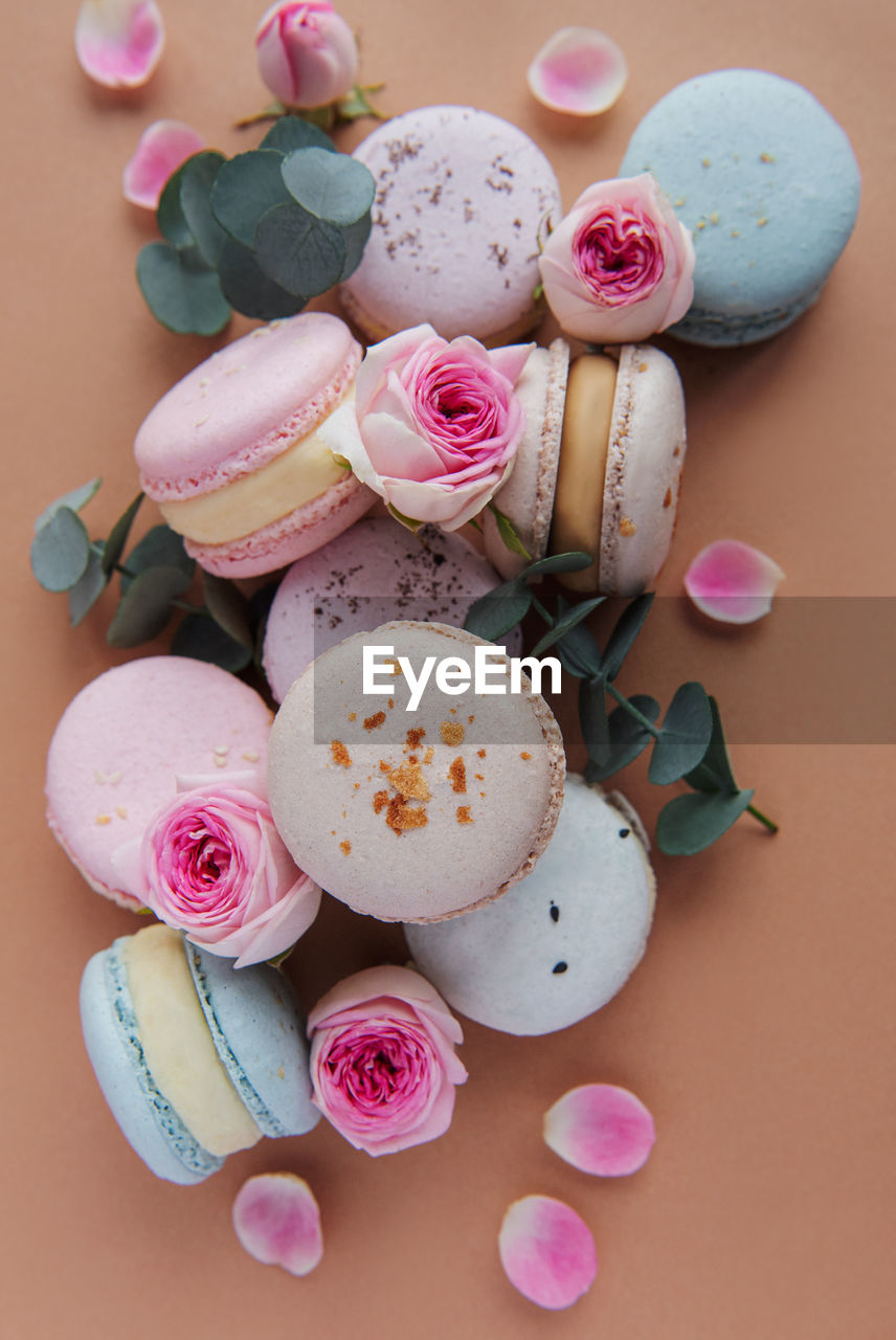 Tasty macaroons with beautiful roses