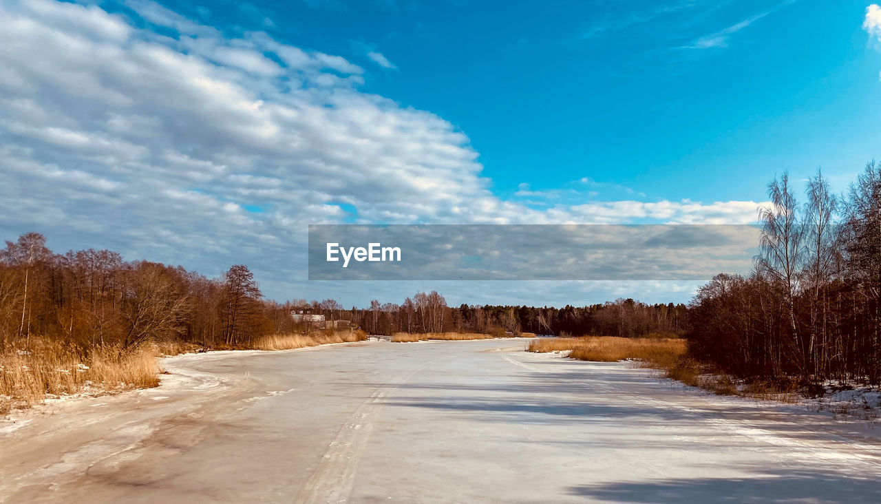 Road amidst trees against sky during winter