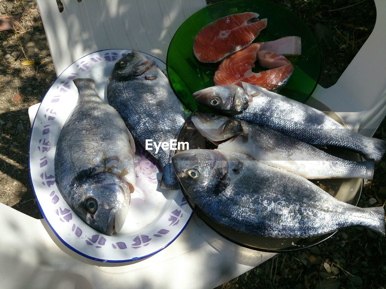 High angle view of fishes in plate on table