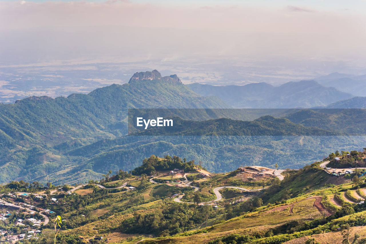 HIGH ANGLE VIEW OF LANDSCAPE AND MOUNTAINS AGAINST SKY