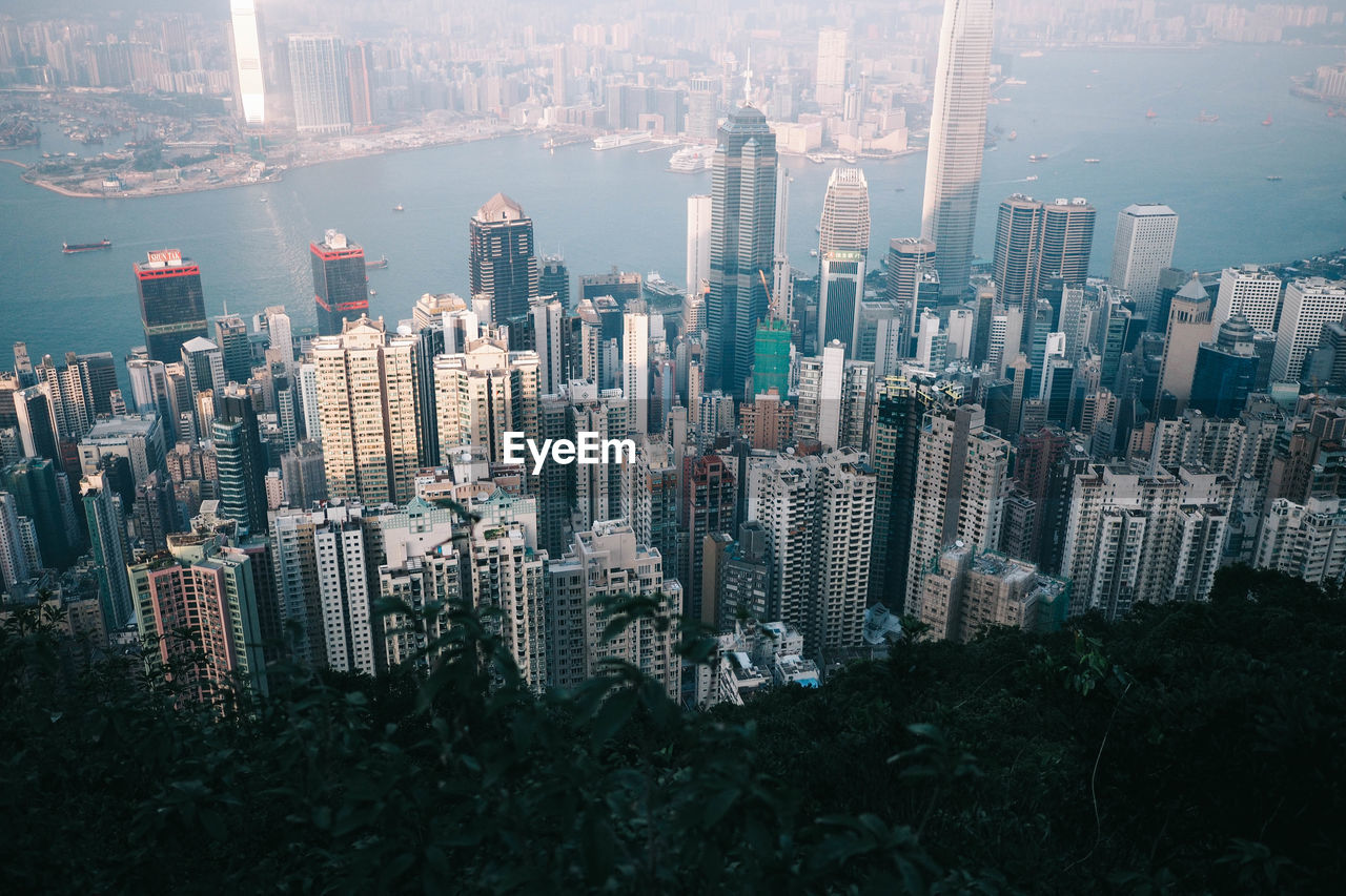 High angle view of modern buildings in city