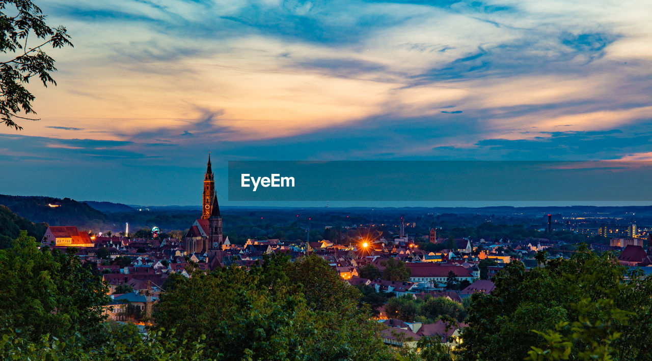 High angle view of townscape against sky during sunset