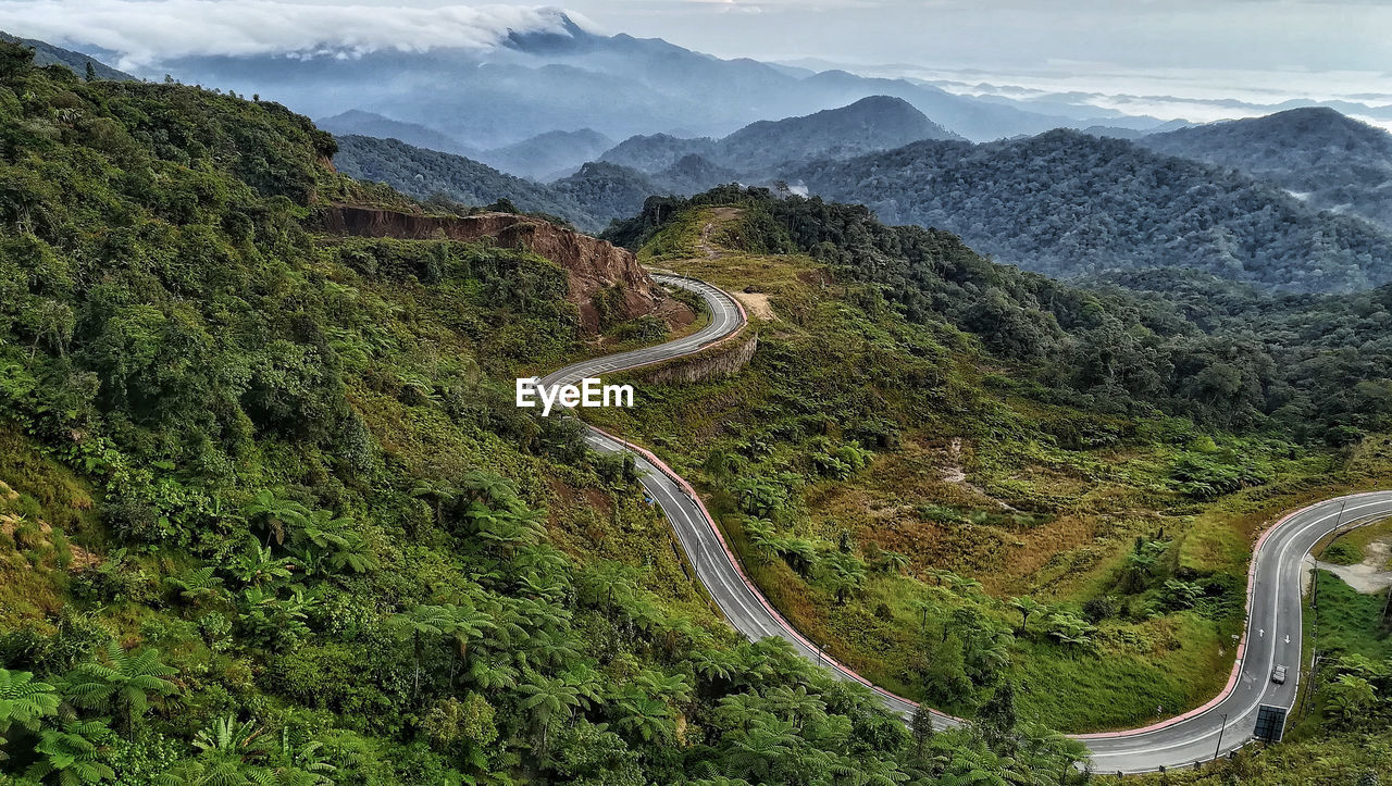 High angle view of mountain road against sky