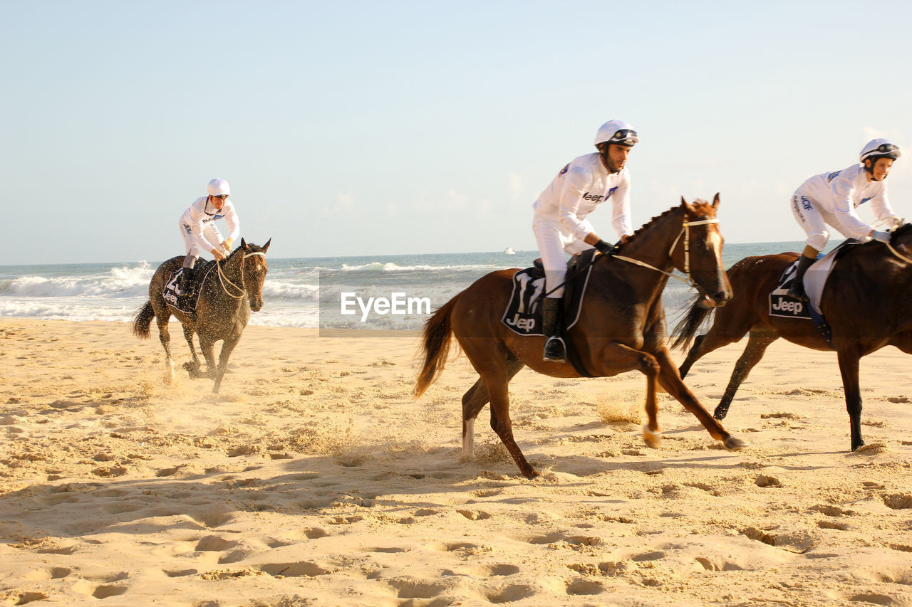 MAN RIDING HORSE ON BEACH