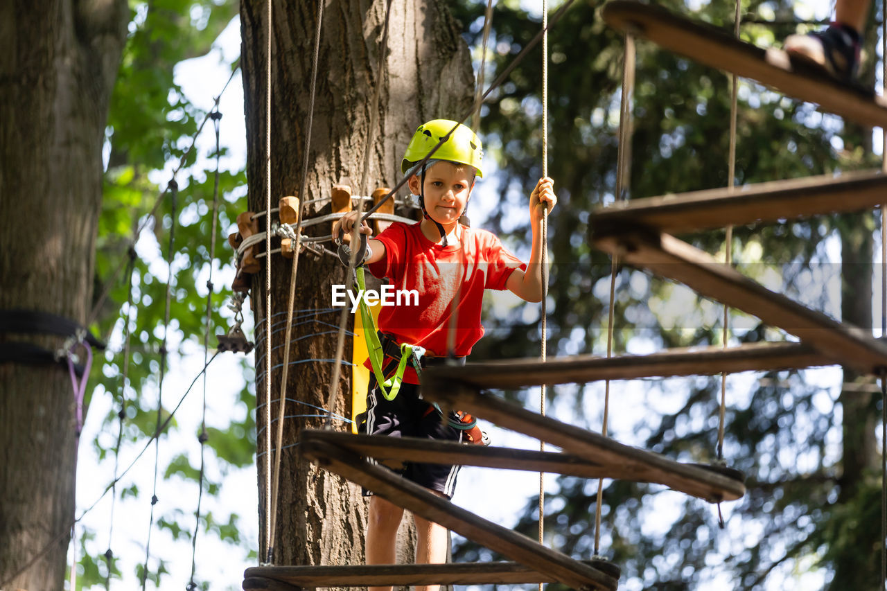 Adventure climbing high wire park - little boy on course in mountain helmet and safety equipment