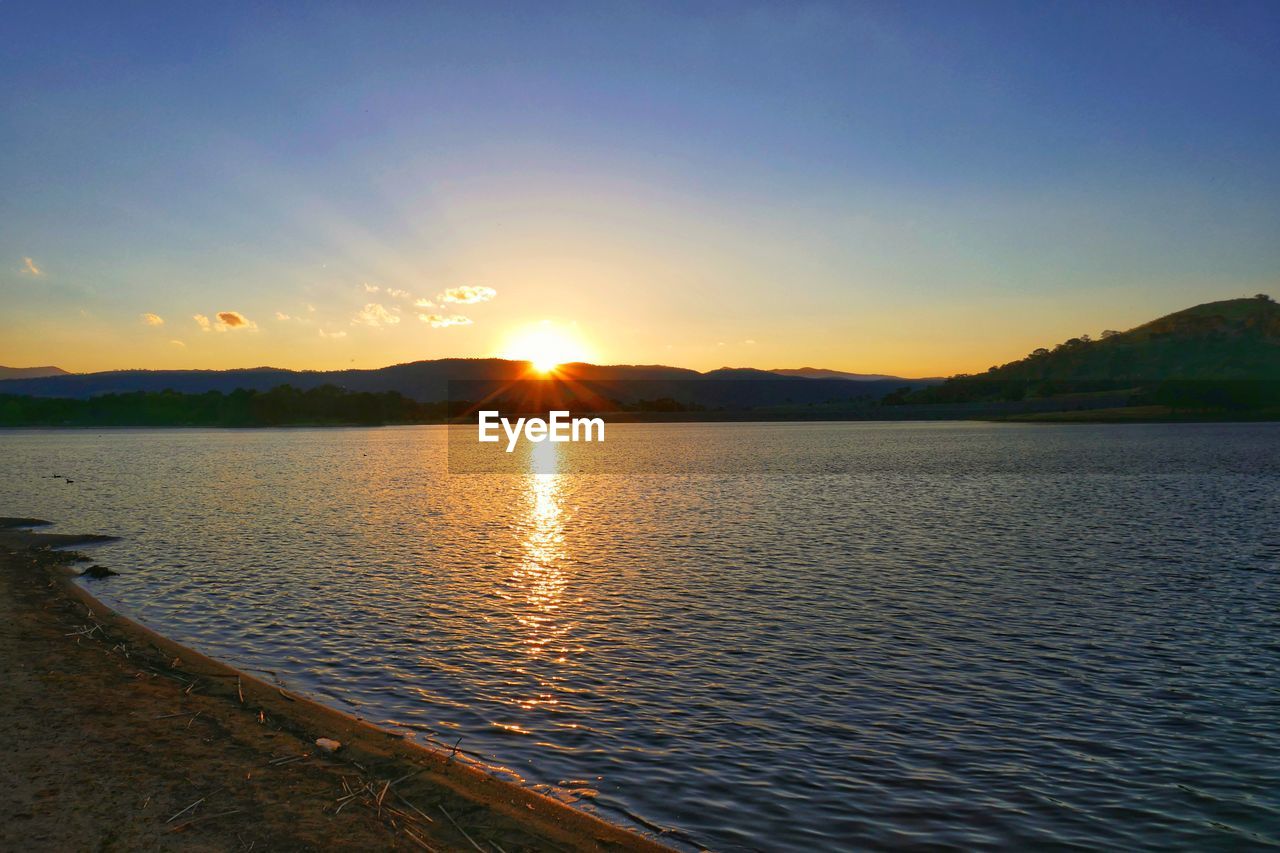 SCENIC VIEW OF LAKE AGAINST CLEAR SKY AT SUNSET